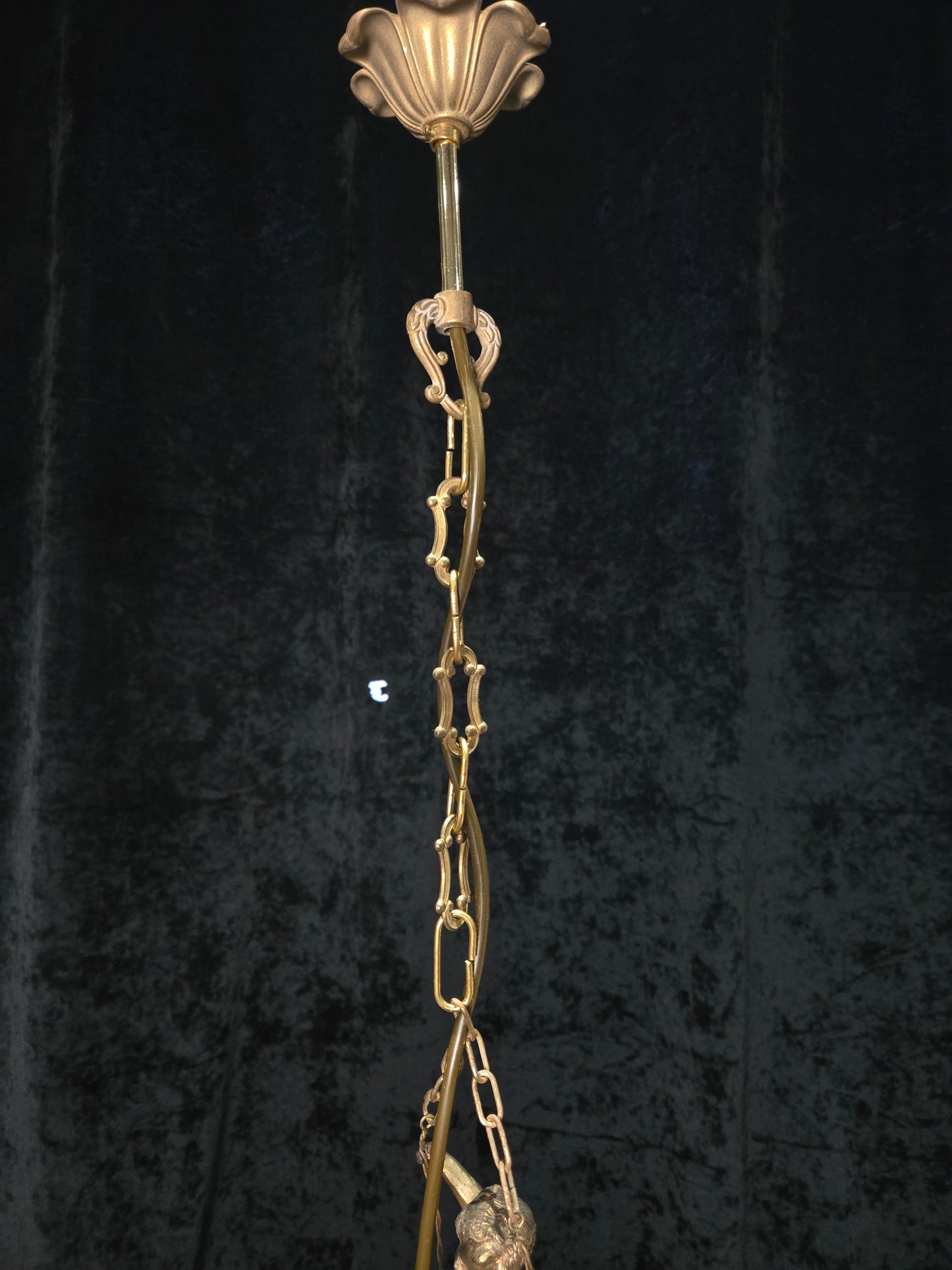 Beautiful Petite Vintage French Brass Cherub Crystal Chandelier Ceiling Light