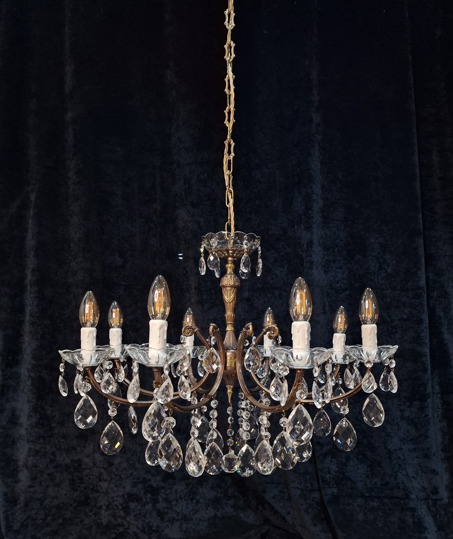 RESERVED Decorative 8 Arm Vintage Italian Glass Crystal and Brass Leaf Chandelier Light