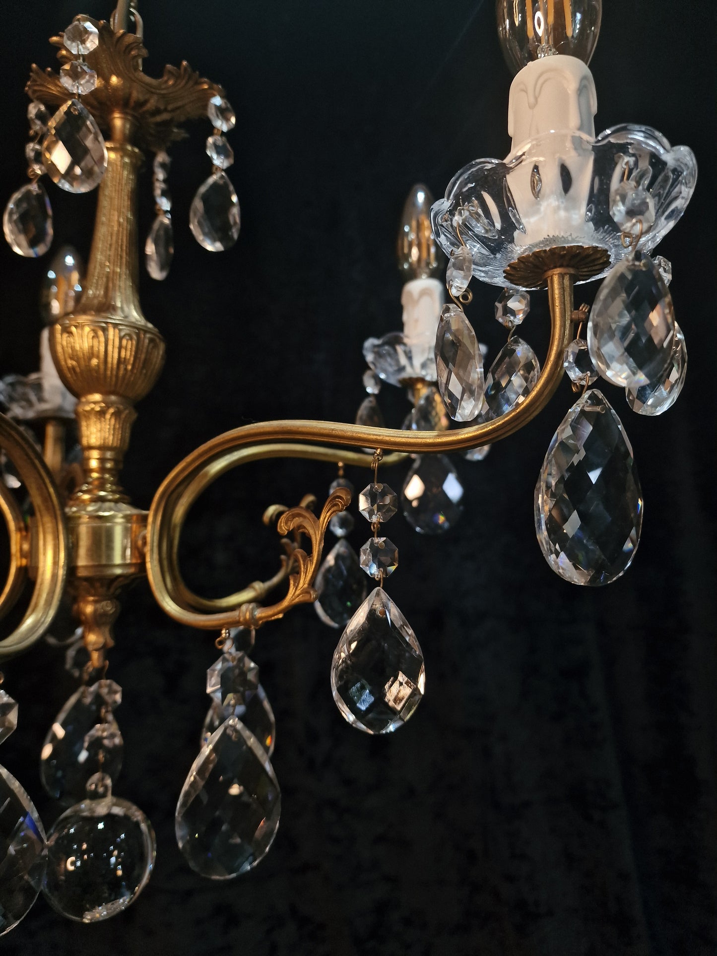 Lovely Vintage French 5 Arm Brass and Crystal Leaf Chandelier Ceiling Light