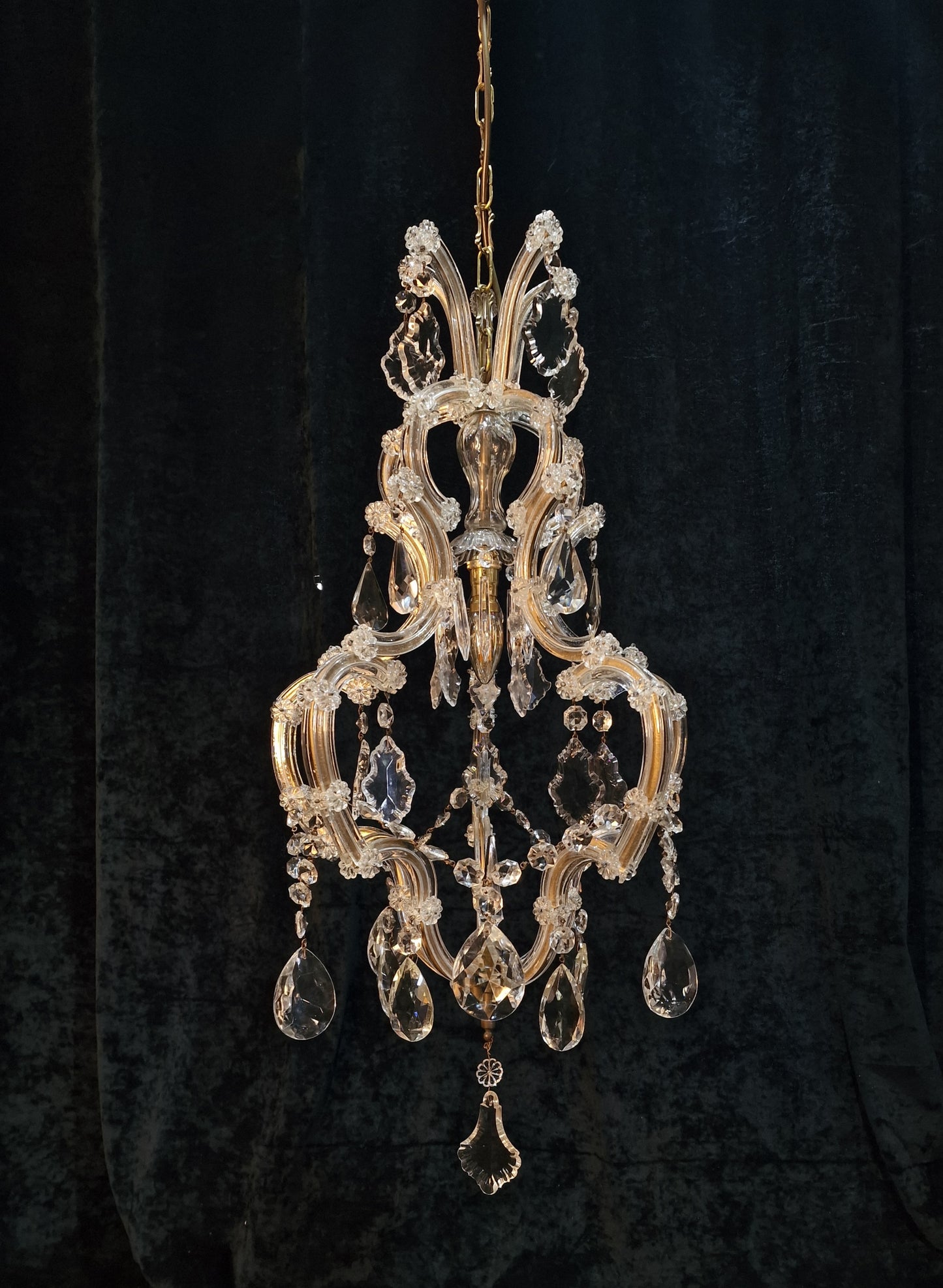 Gorgeous Vintage French Tall 1 Light Brass Glass Marie Therese Cage Chandelier