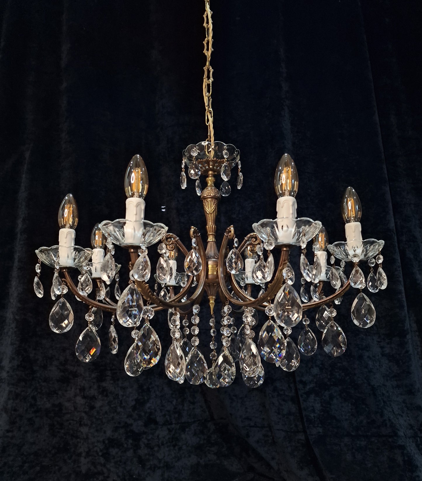 RESERVED Decorative 8 Arm Vintage Italian Glass Crystal and Brass Leaf Chandelier Light