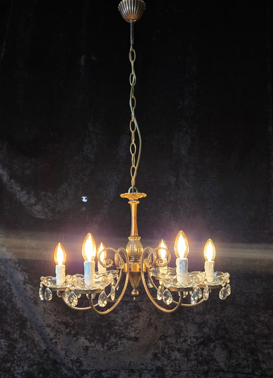 Classical Vintage Italian Brass 6 Arm Glass Crystal Chandelier Ceiling Light