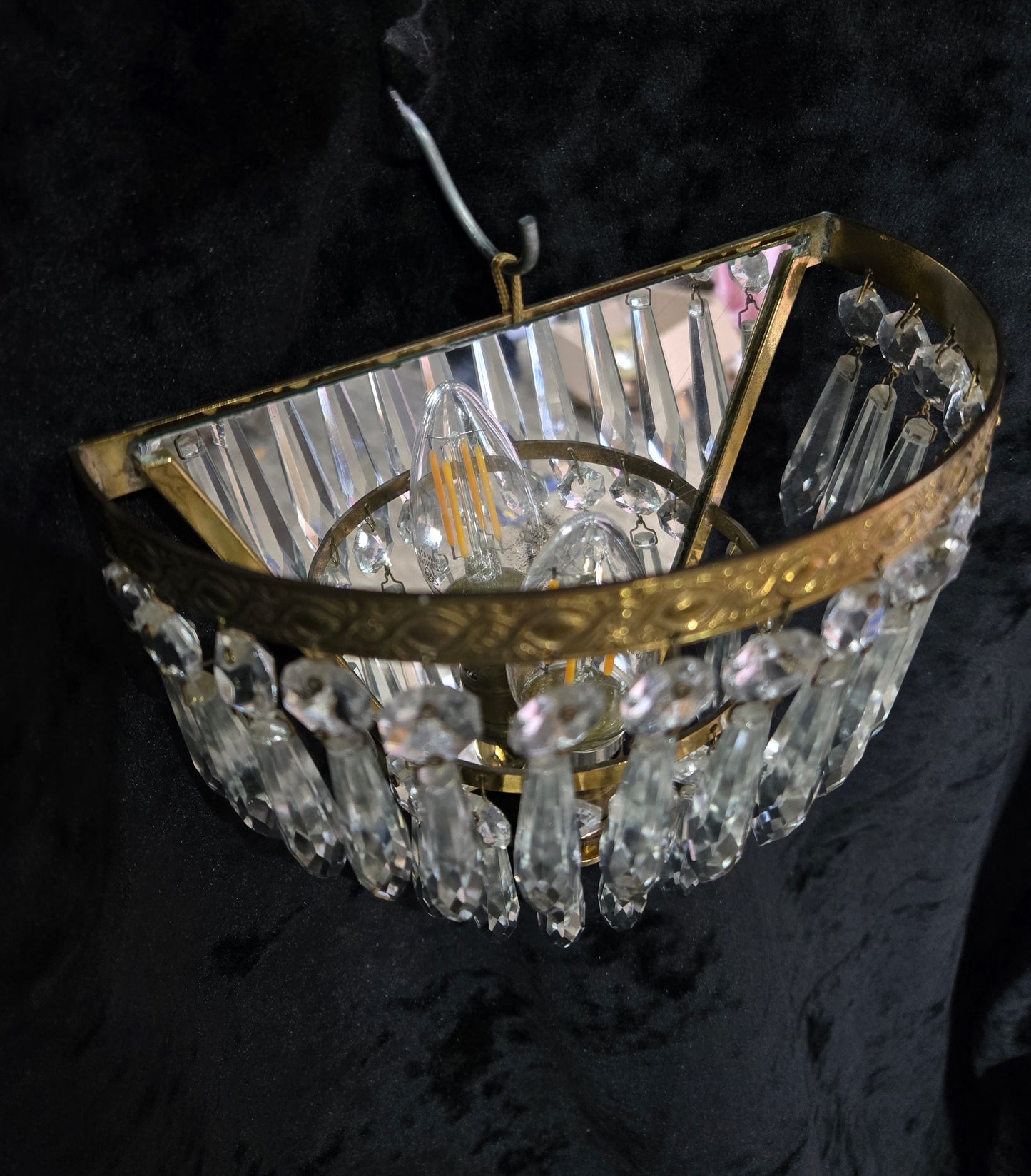Lovely Pair Antique French 1 Light Crystal Brass Waterfall Mirror Wall Sconces