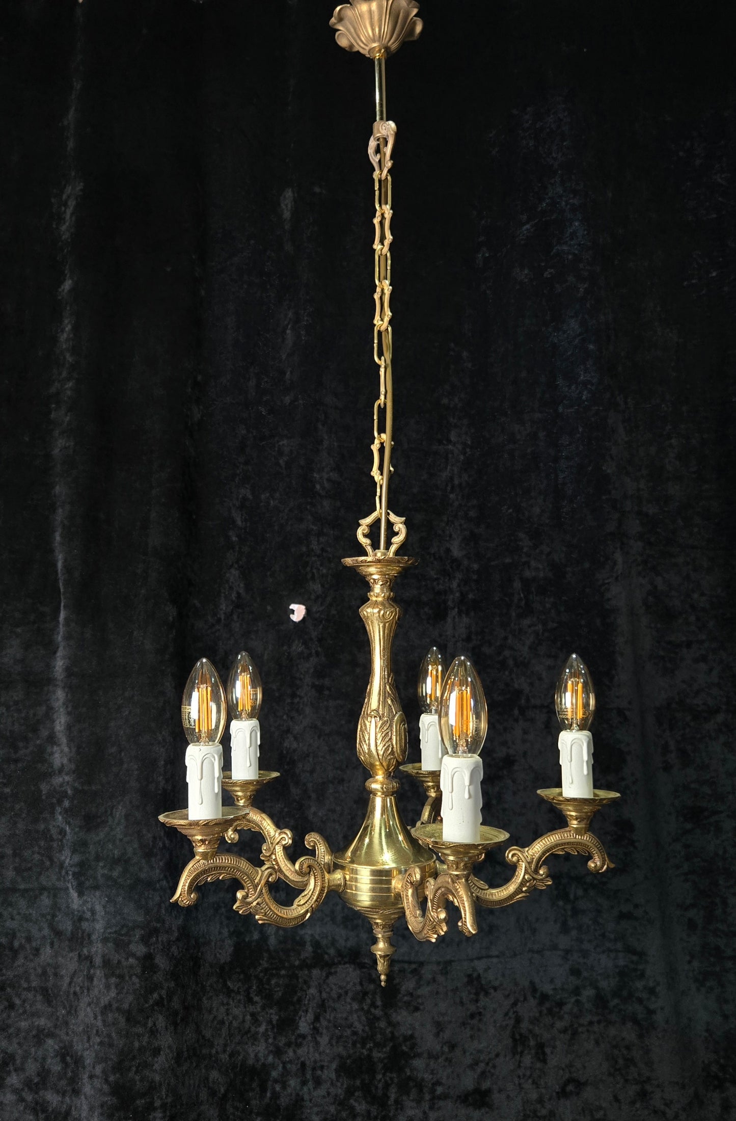 Classical Vintage French 5 Arm Brass Rococo Style Chandelier Ceiling Light
