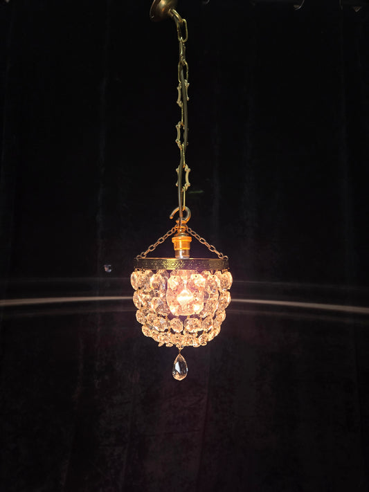 Petite Vintage French Crystal Half Bag Brass Leaf Chandelier Ceiling Light