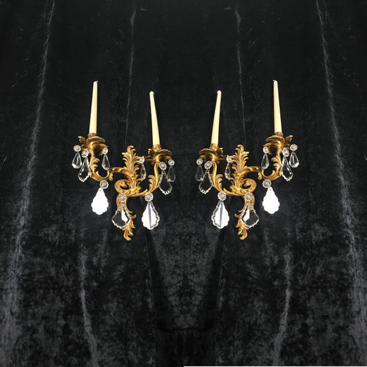 Fabulous Pair Antique French Heavy Gilt Bronze 2 Arm Crystal Candle Wall Lights