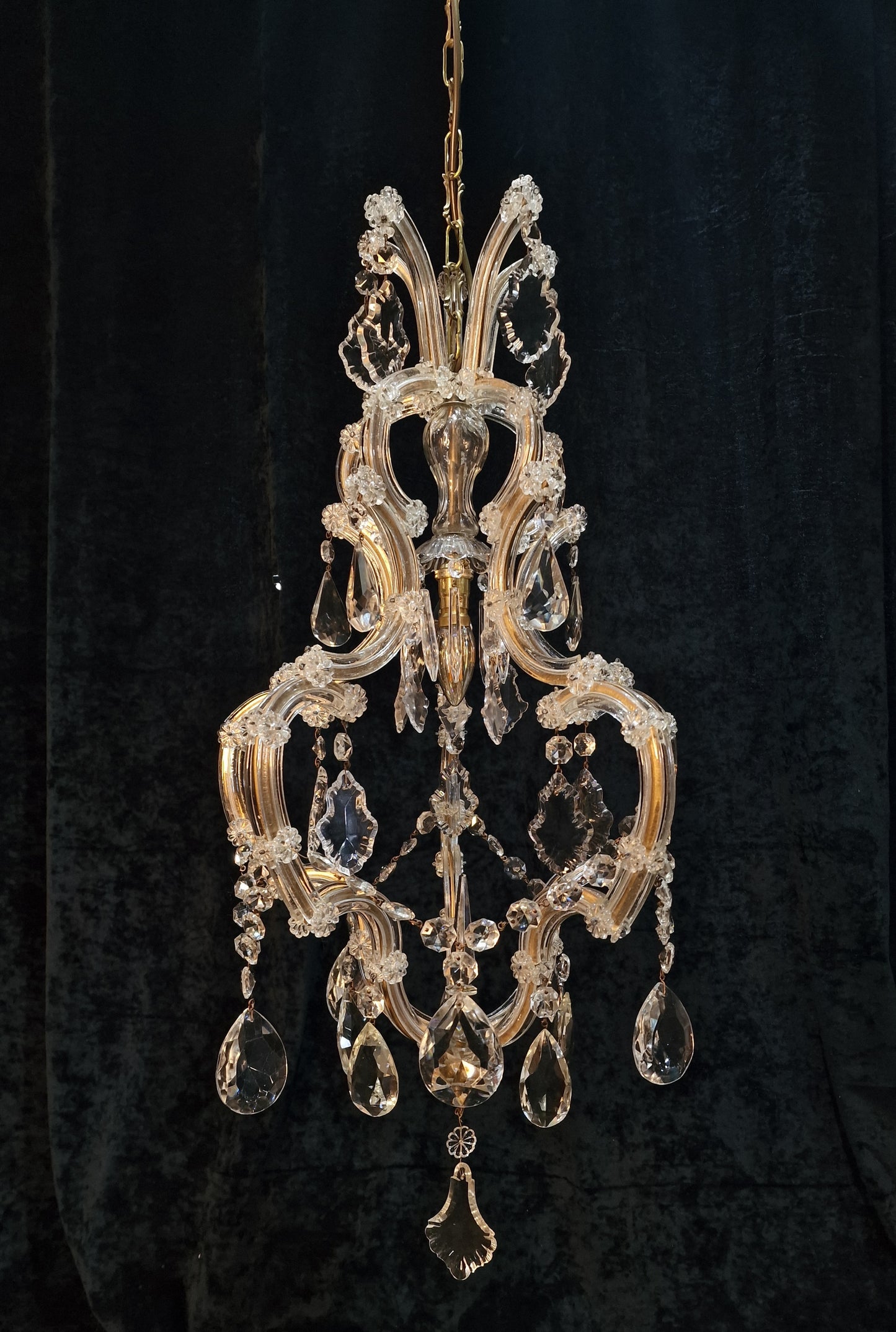 Gorgeous Vintage French Tall 1 Light Brass Glass Marie Therese Cage Chandelier