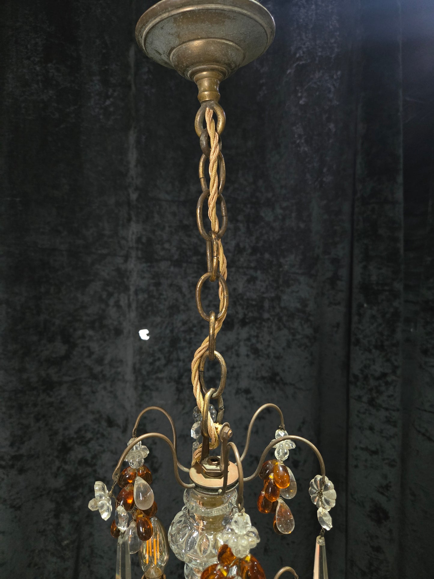 Fabulous Antique French 2 Arm Caged Murano Crystal Brass Chandelier Light