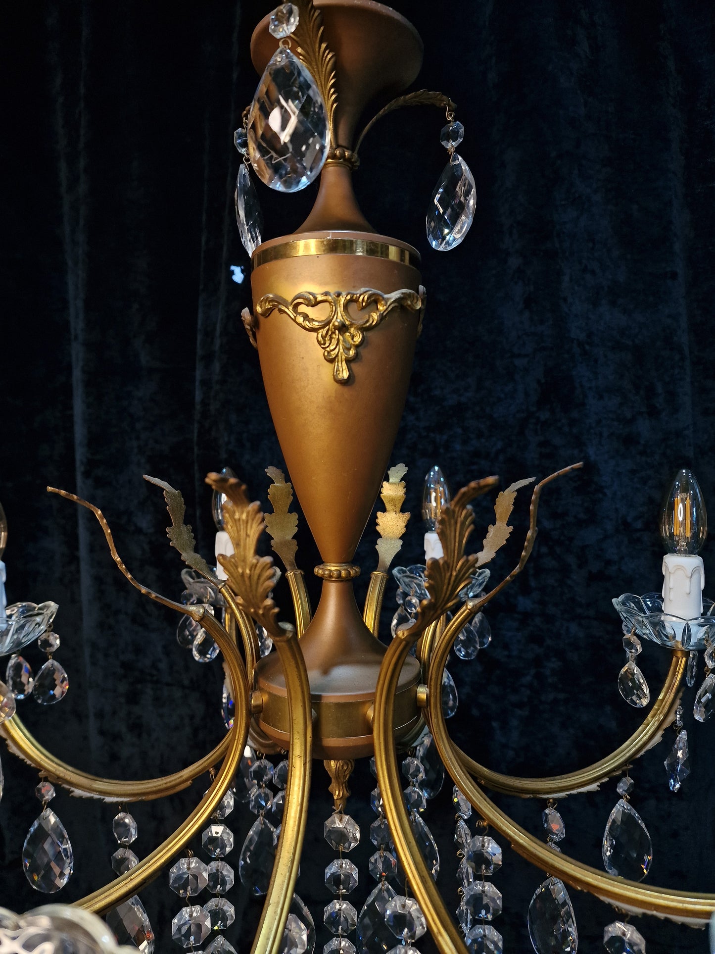 Beautiful Vintage Italian 8 Arm Brass and Crystal Leaf Chandelier Ceiling Light
