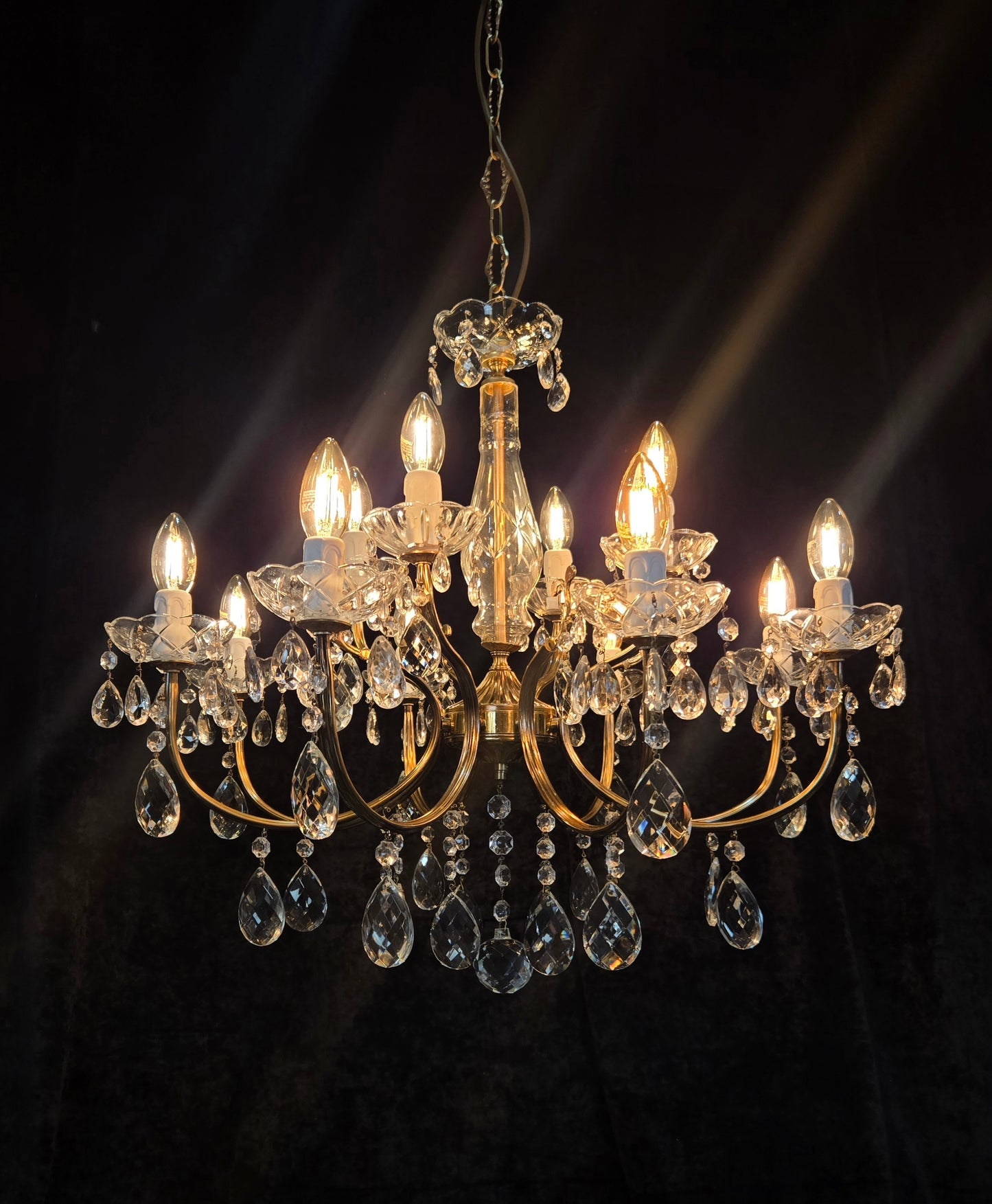 Classical Vintage Italian 8 Arm 12 Light Brass Crystal Chandelier Ceiling Light