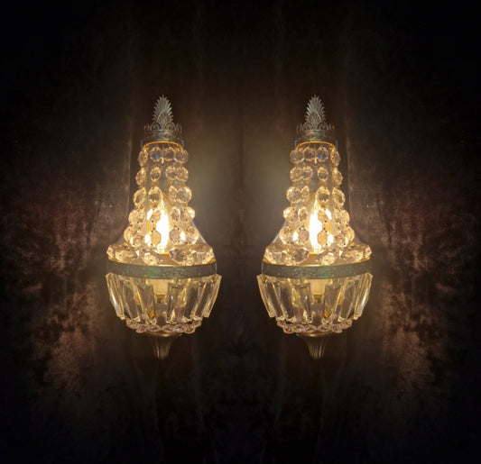 Gorgeous Pair of Vintage French Brass Crystal Montgolfiere Sconces Wall Lights