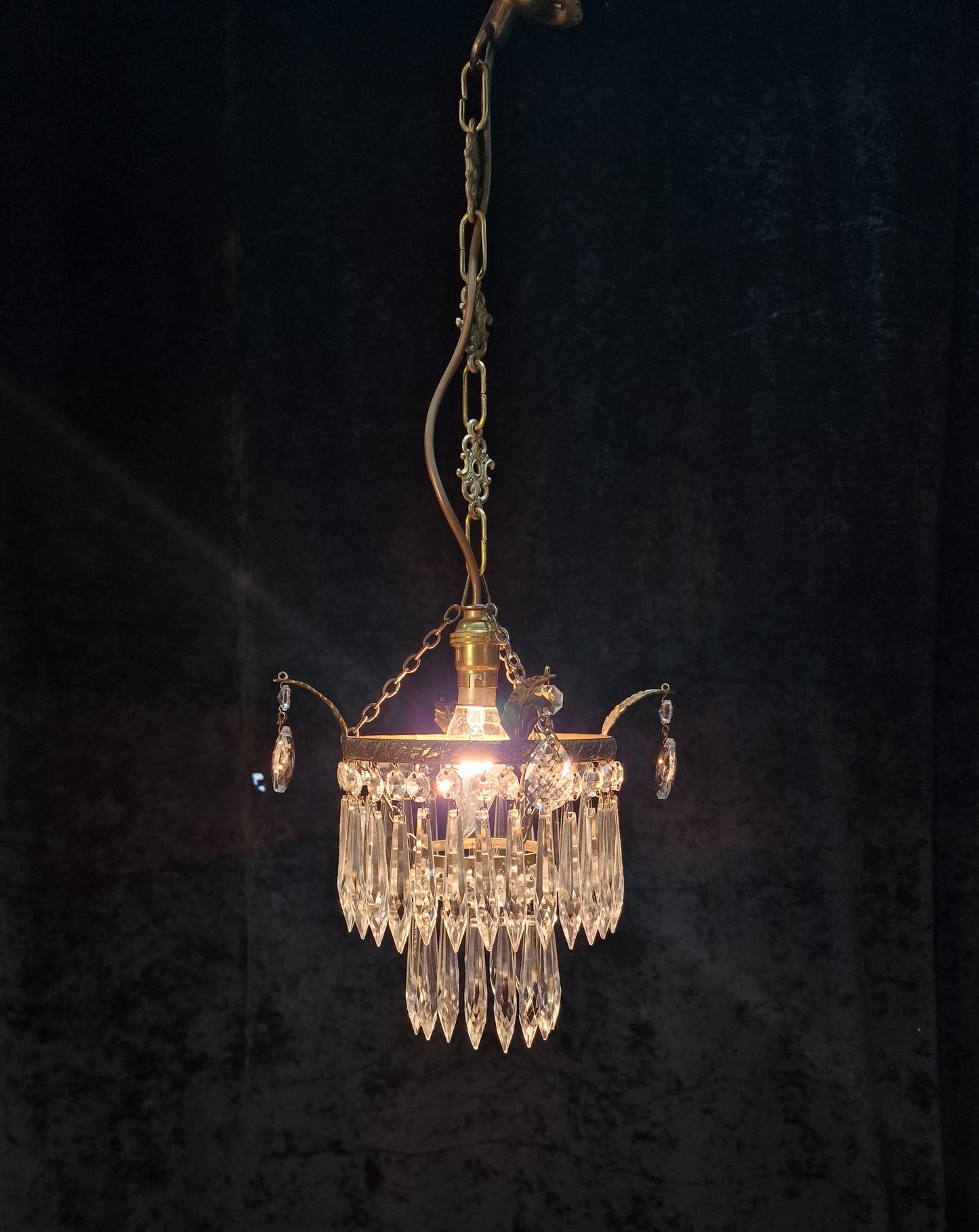 Lovely Antique French Brass Dainty 1 Light Glass Waterfall Leaf Chandelier