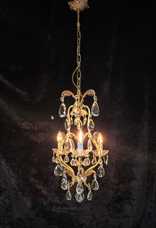 Beautiful Vintage Italian 3 Arm Brass Crystal Cage Leaf Chandelier Ceiling Light