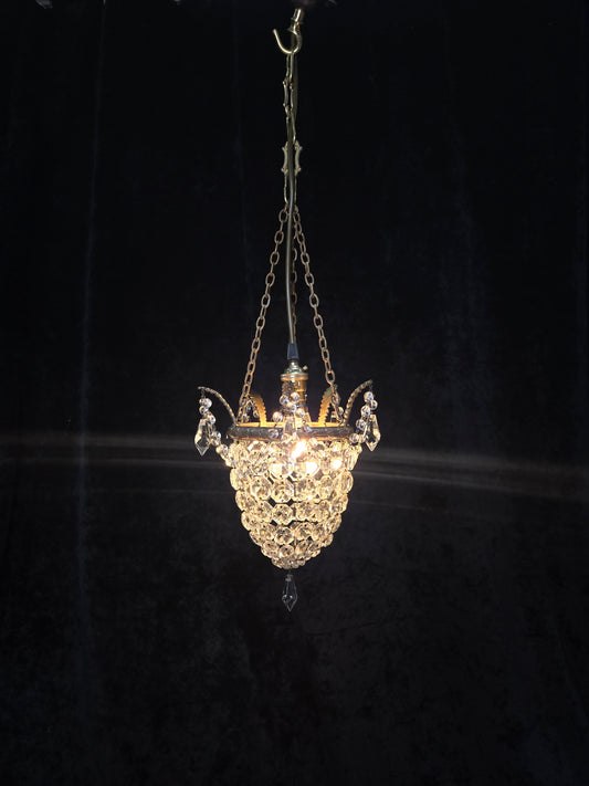 Beautiful Antique French Crystal Bag Brass Leaf Chandelier Ceiling Light