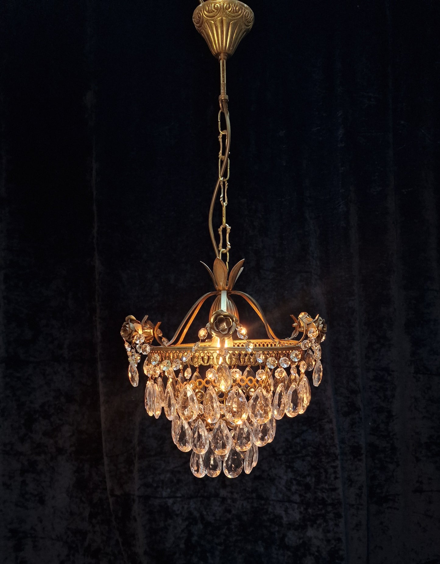 Lovely Vintage French Metal 1 Light Crystal Glass 3 Tier Waterfall Roses Chandelier