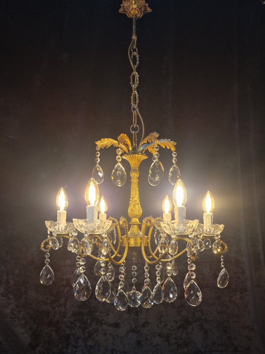 Fabulous Antique French 6 Arm Heavy Brass Crystal Leaf Chandelier Ceiling Light