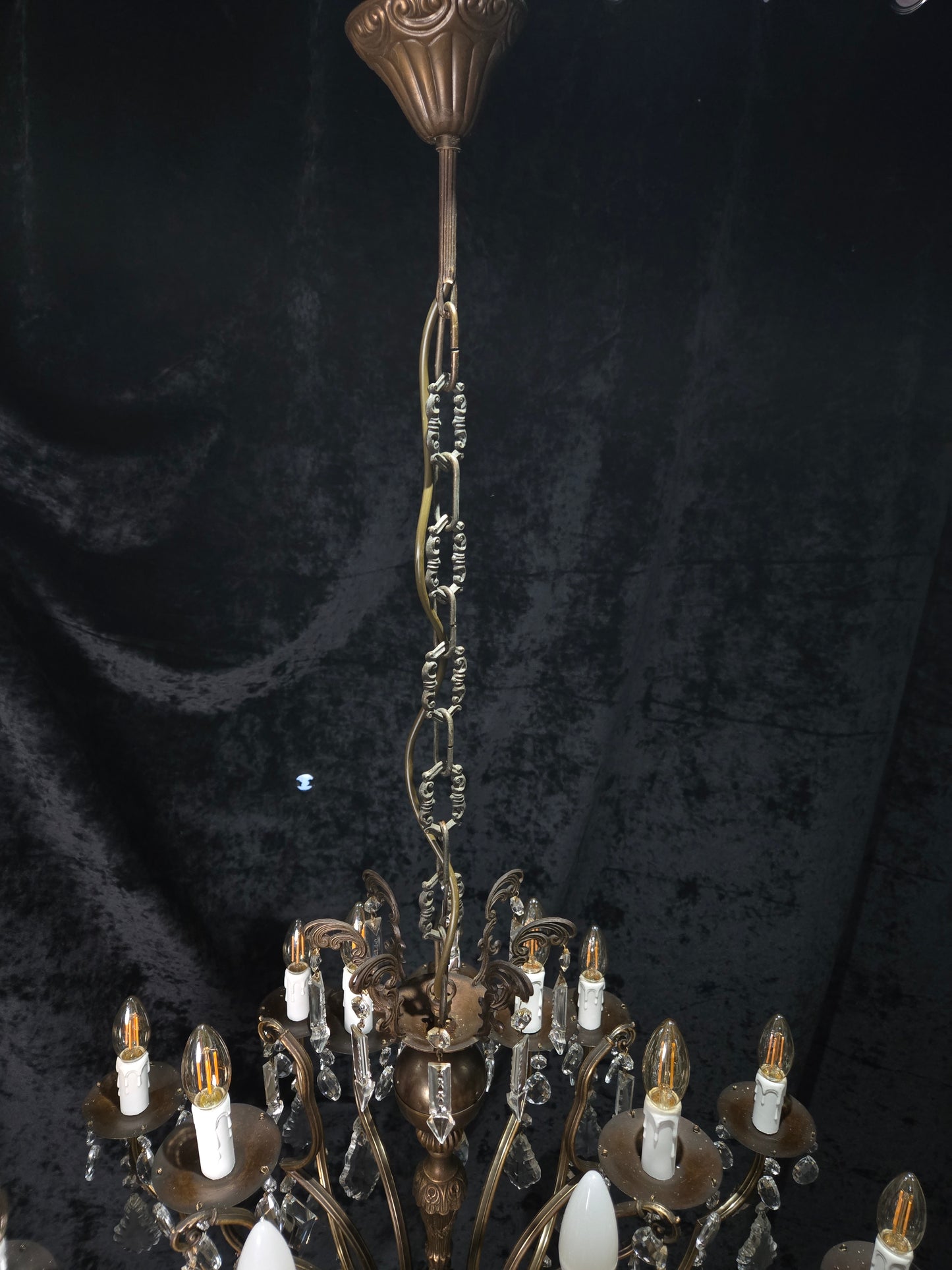 Fabulous Large Vintage Italian 12 Arm 18 Light Brass Crystal Leaf Chandelier