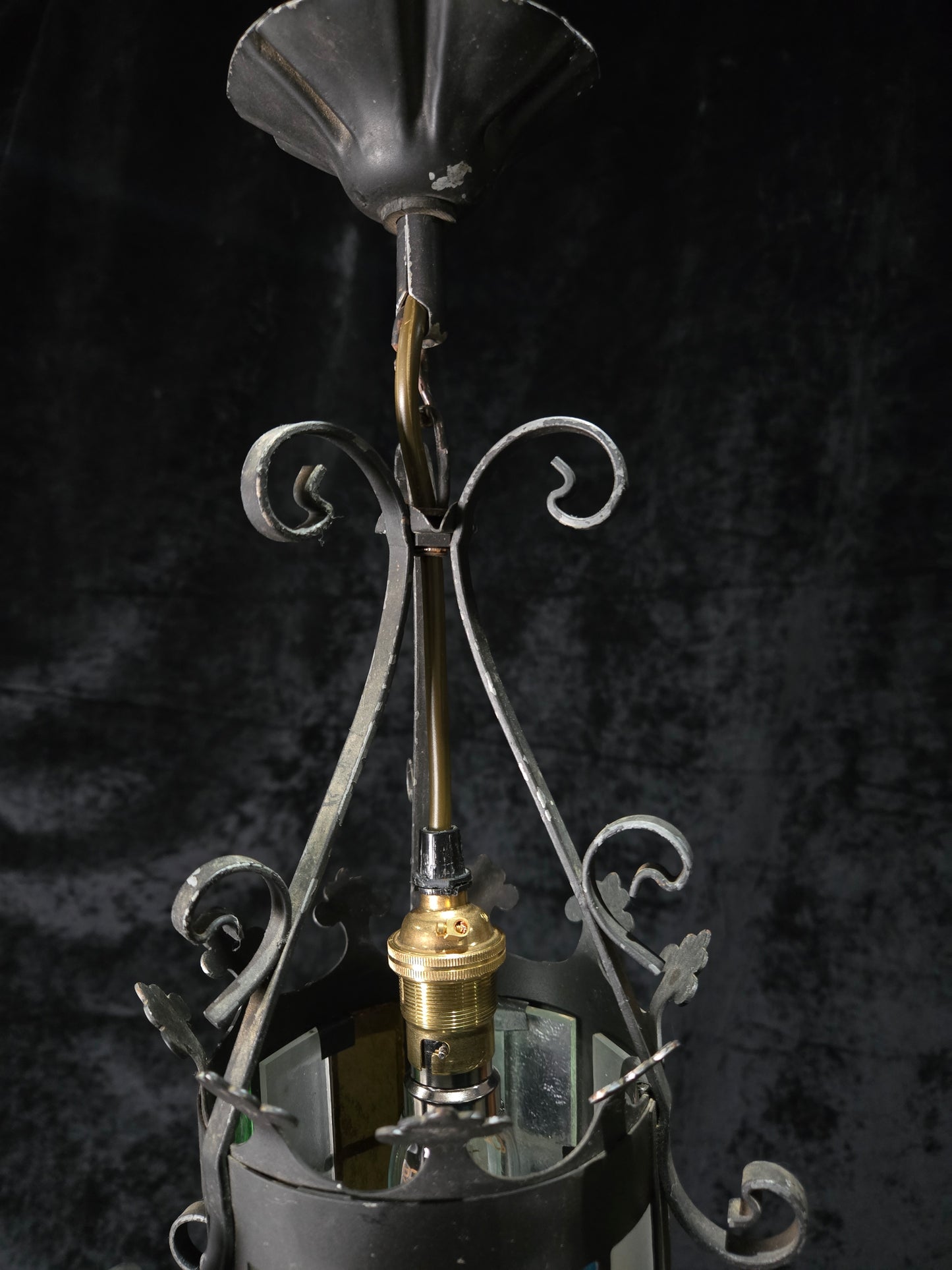 Lovely Petite Vintage French Wrought Iron Gothic Coloured Glass Lantern Light
