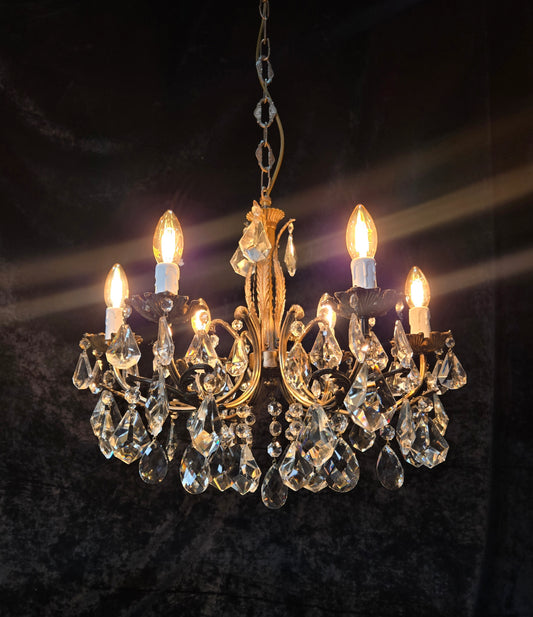 Fabulous Heavy Vintage Italian 6 Arm Leaf Crystal Chandelier Ceiling Light