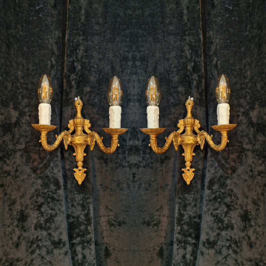 Lovely Pair of Vintage Gilded Spelter 2 Arm Wall Lights Sconces