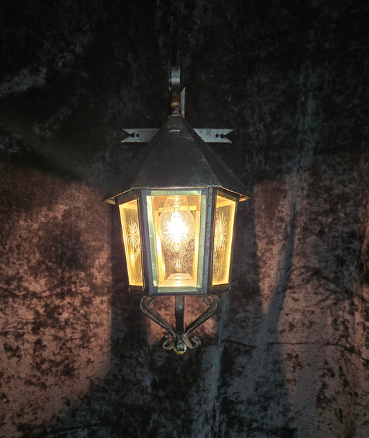 Traditional Antique Wrought Iron Starburst Cut Glass Outdoor Wall Lantern Light