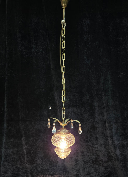 Lovely Vintage Clear Cut Glass Brass Crystal Leaf Hall Lantern Pendant Light