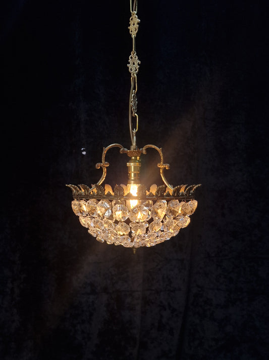 Lovely Vintage French 1 Light Half Bag Crystal Basket Brass Chandelier Light