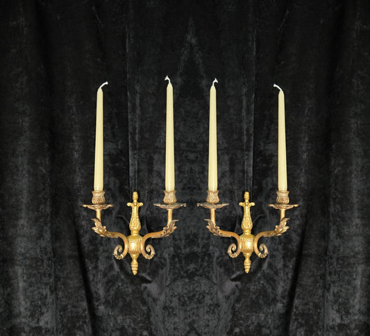 Decorative Pair of Antique French 2 Arm Solid Brass Candle Wall Lights Sconces
