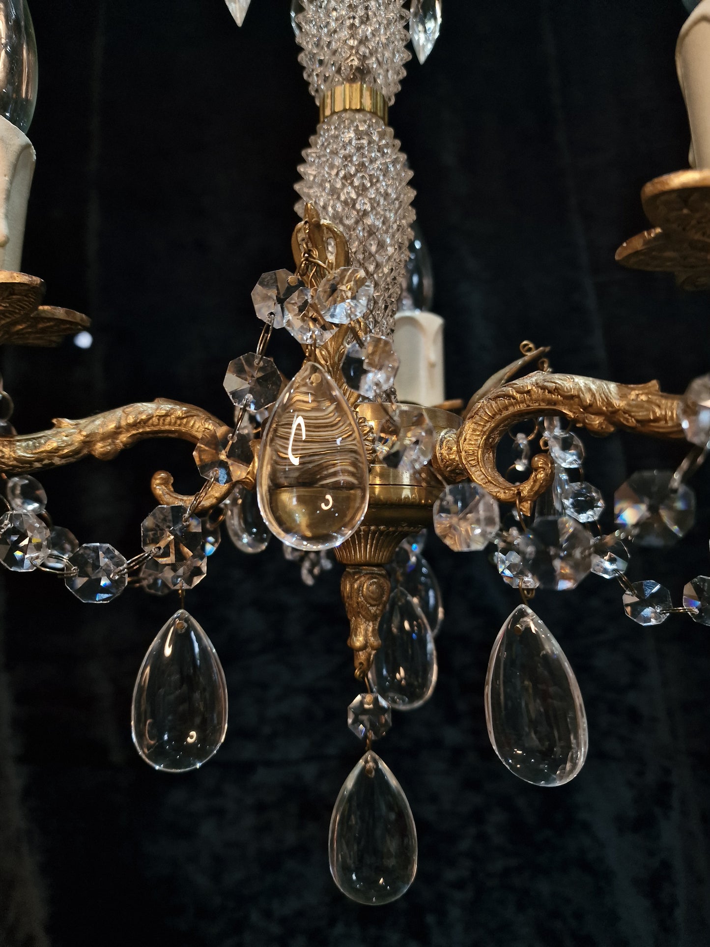 Elegant Vintage Italian 3 Arm Brass Crystal Chandelier Ceiling Light
