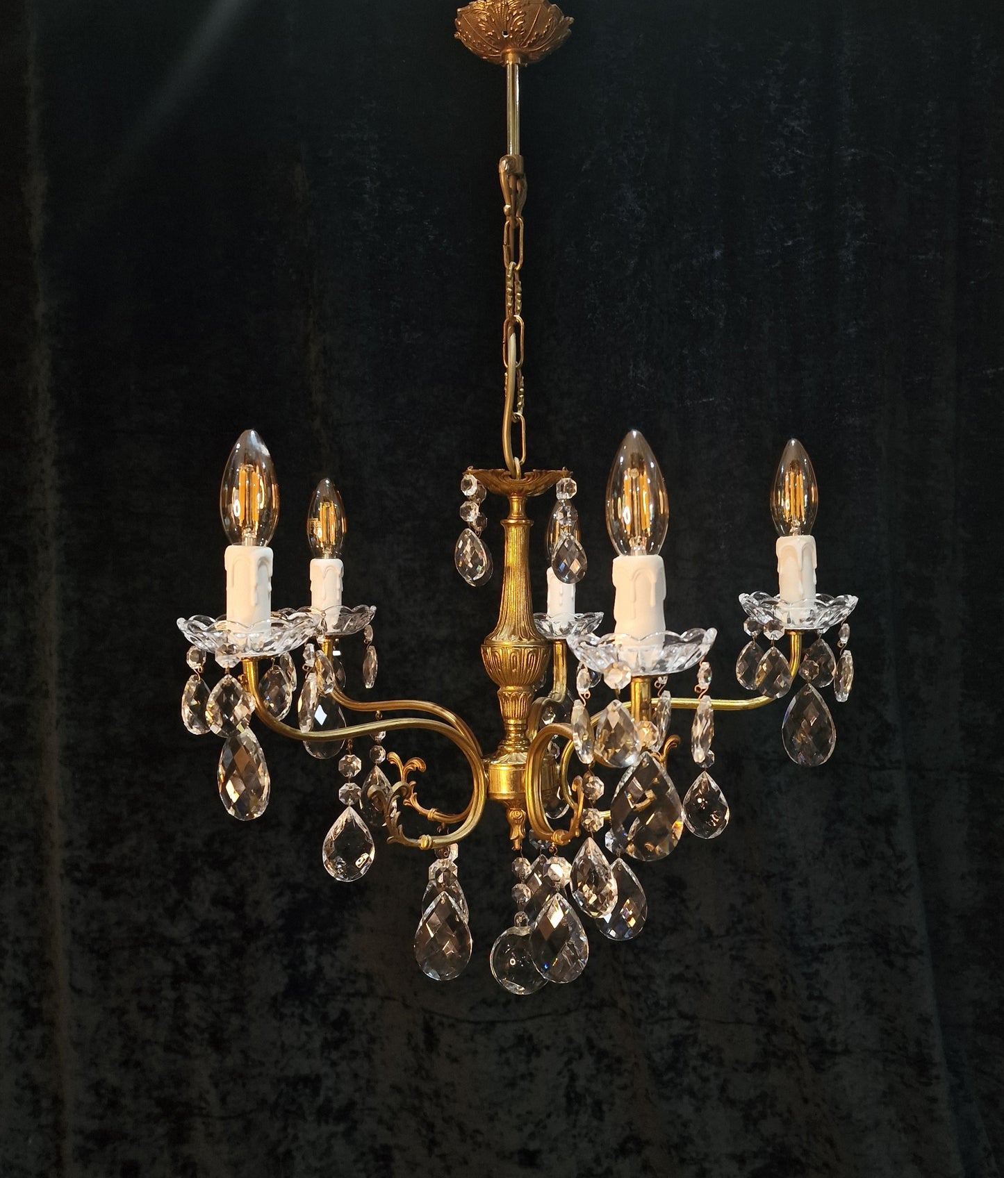Lovely Vintage French 5 Arm Brass and Crystal Leaf Chandelier Ceiling Light