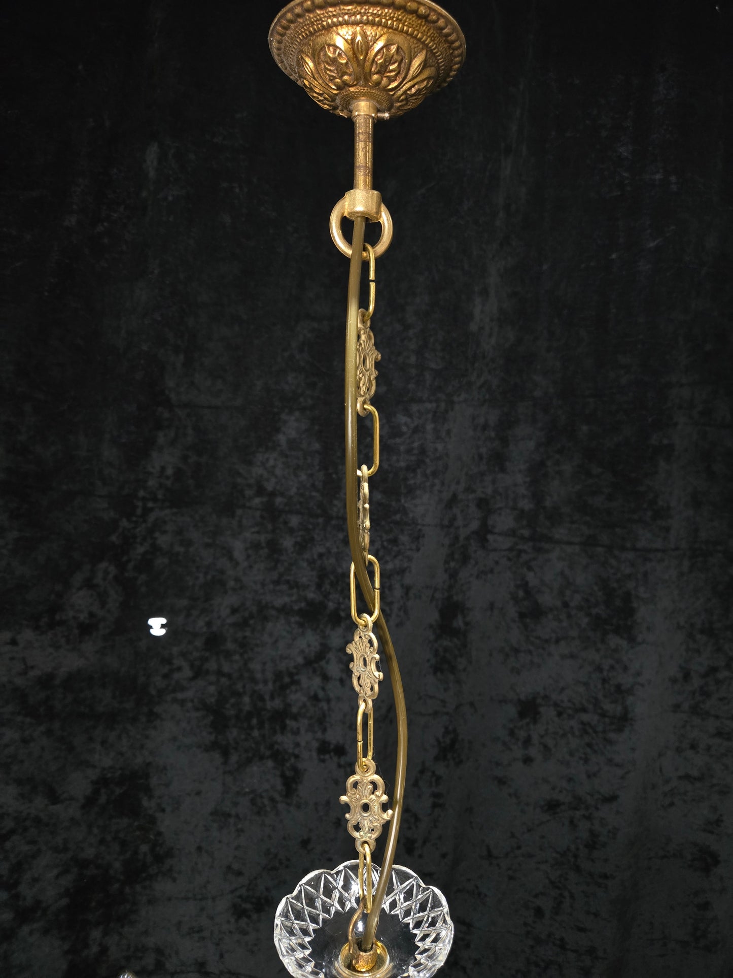 Lovely Vintage French 3 Arm Brass Foliage Crystal Chandelier Ceiling Light