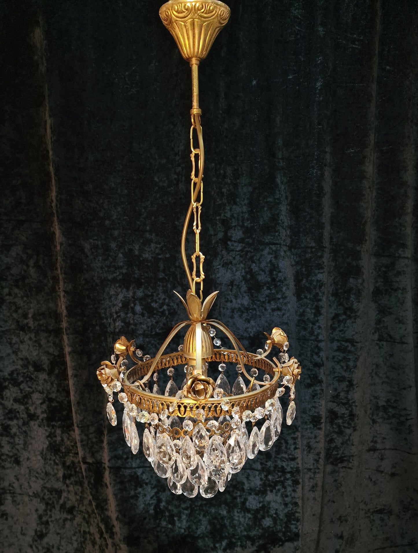 Lovely Vintage French Metal 1 Light Crystal Glass 3 Tier Waterfall Roses Chandelier
