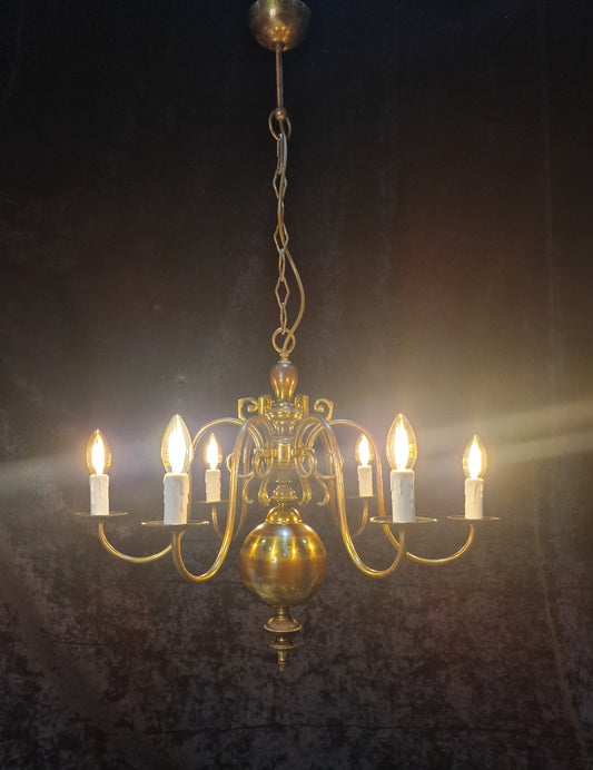Classical Elegant Vintage 6 Arm Brass Flemish Chandelier Ceiling Light