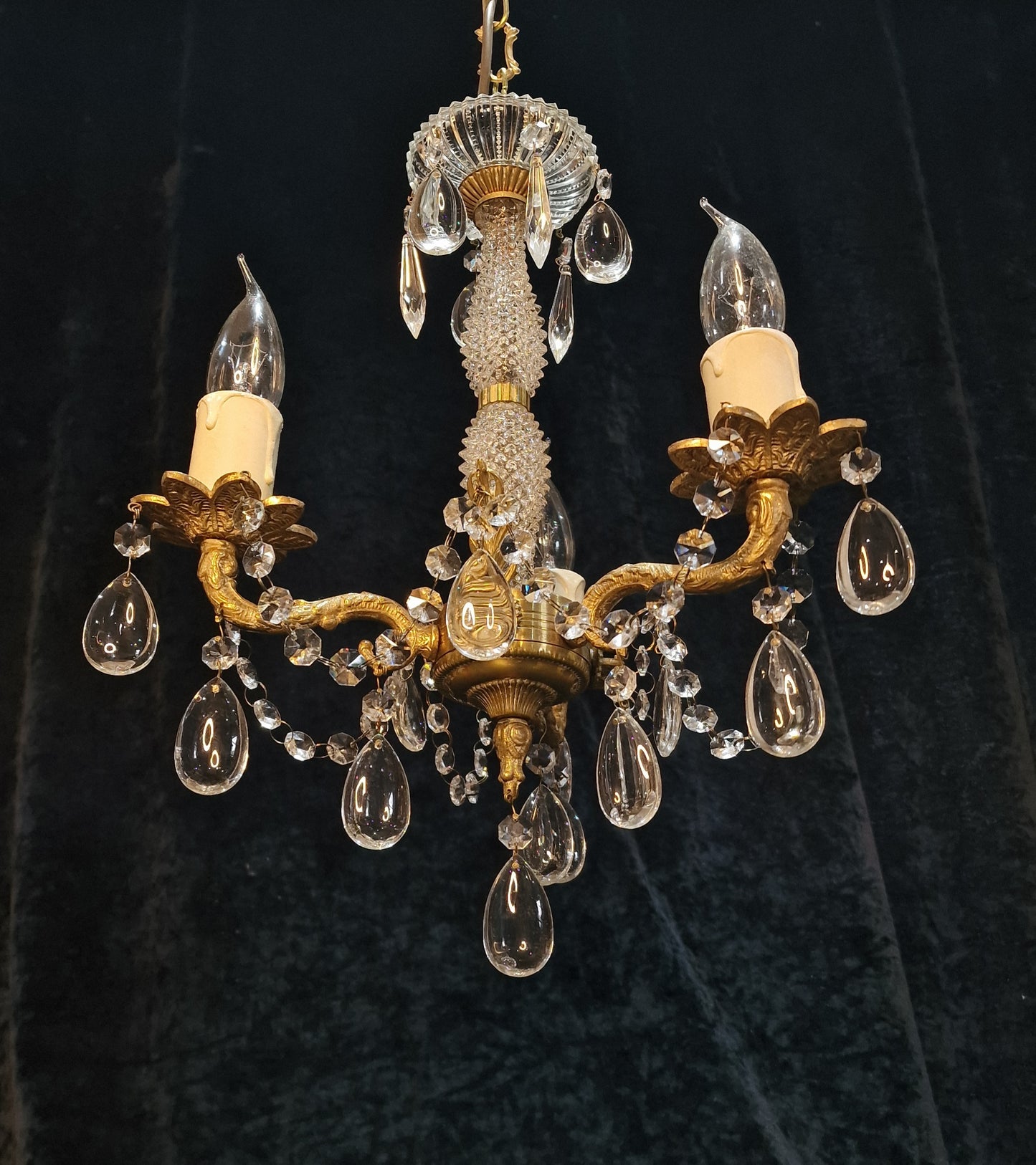 Elegant Vintage Italian 3 Arm Brass Crystal Chandelier Ceiling Light