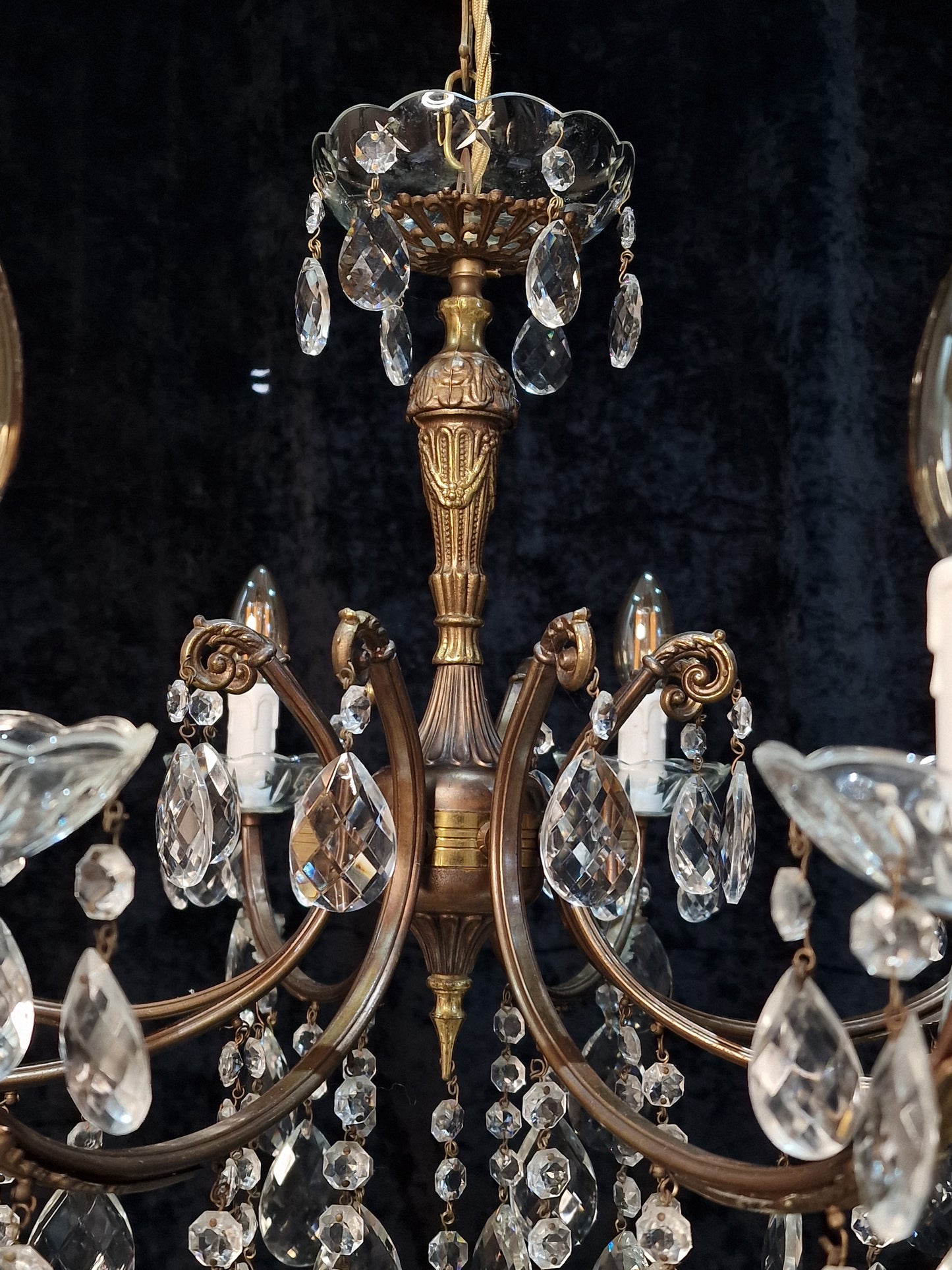 RESERVED Decorative 8 Arm Vintage Italian Glass Crystal and Brass Leaf Chandelier Light