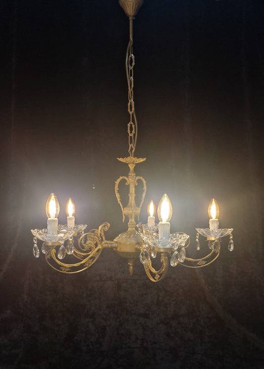 Beautiful 5 Arm Vintage Italian Brass and Crystal Dolphin Chandelier Light