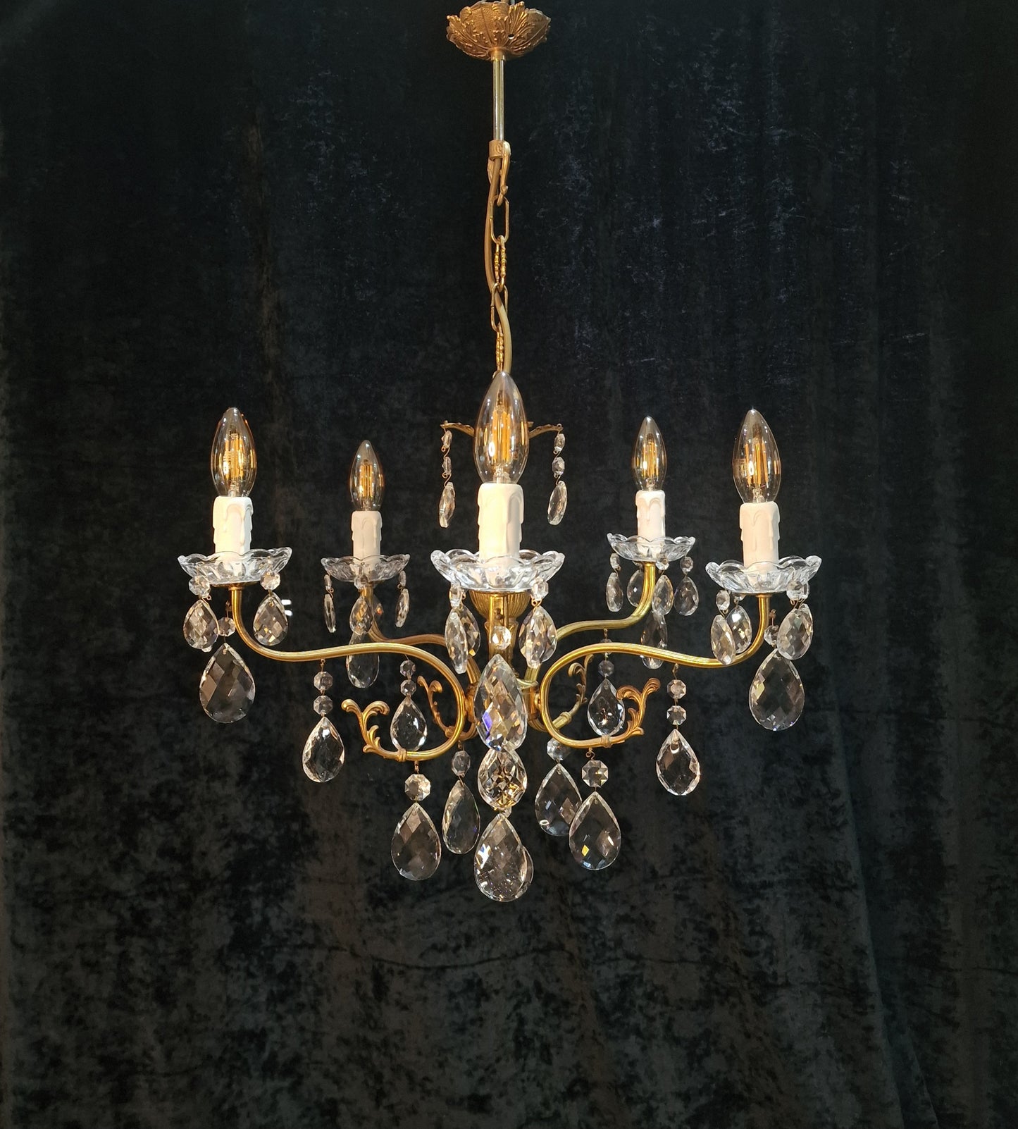 Lovely Vintage French 5 Arm Brass and Crystal Leaf Chandelier Ceiling Light