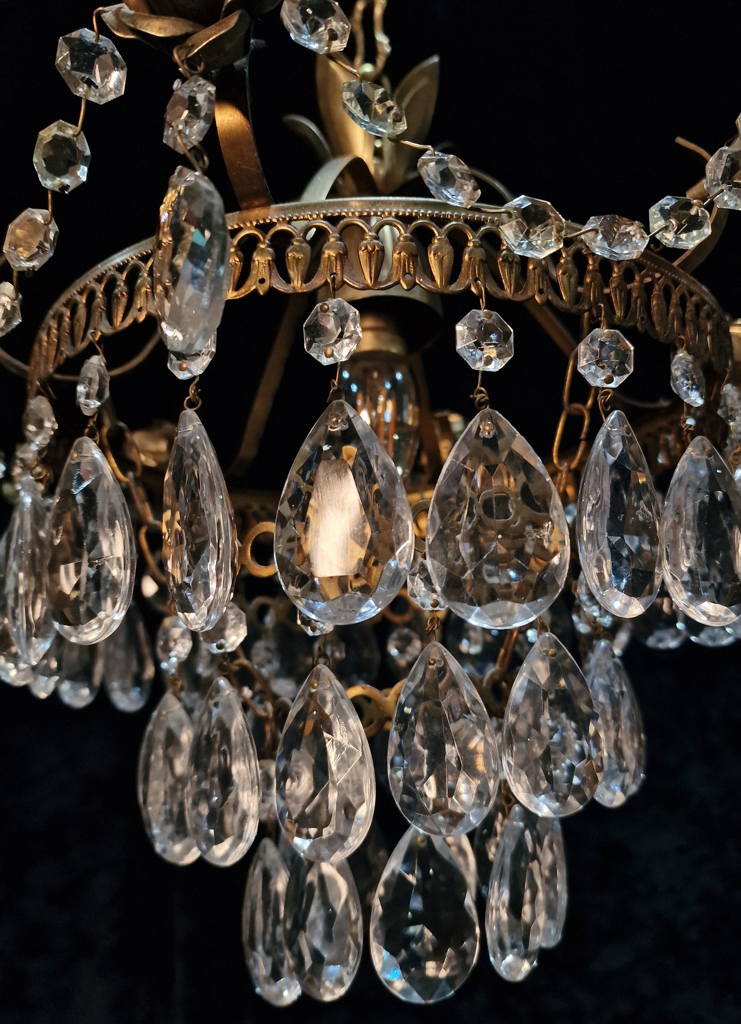 Lovely Vintage French Metal 1 Light Crystal Glass 3 Tier Waterfall Roses Chandelier