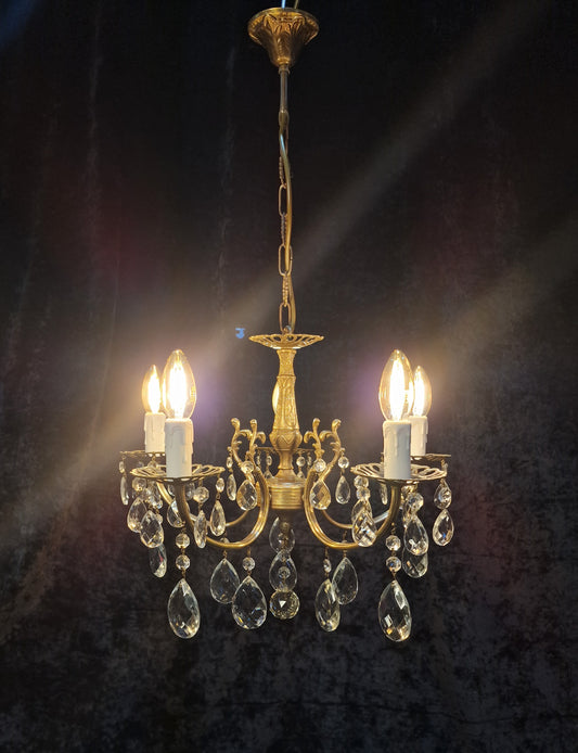 Beautiful Vintage French 5 Arm Brass and Crystal Chandelier Ceiling Light