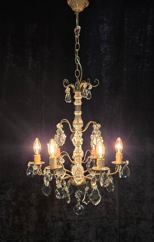 Beautiful Antique French 6 Arm Brass 3 Tier Crystal Chandelier Ceiling Light