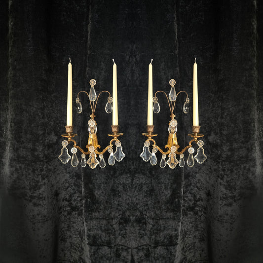 Beautiful Pair Antique French Gilt Bronze Brass 2 Arm Crystal Candle Wall Lights