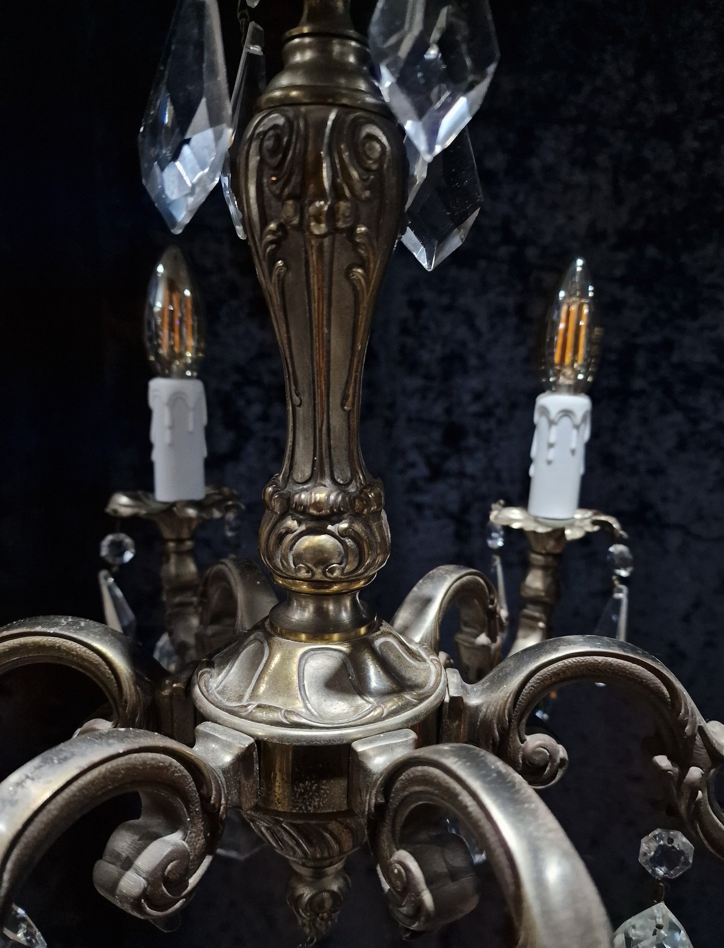 Beautiful Heavy Antique French Bronze Nickel Plated Crystal 6 Arm Chandelier