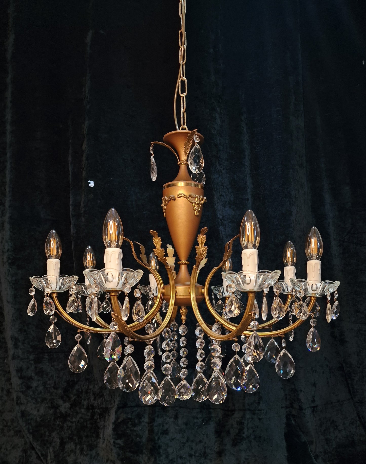 Beautiful Vintage Italian 8 Arm Brass and Crystal Leaf Chandelier Ceiling Light
