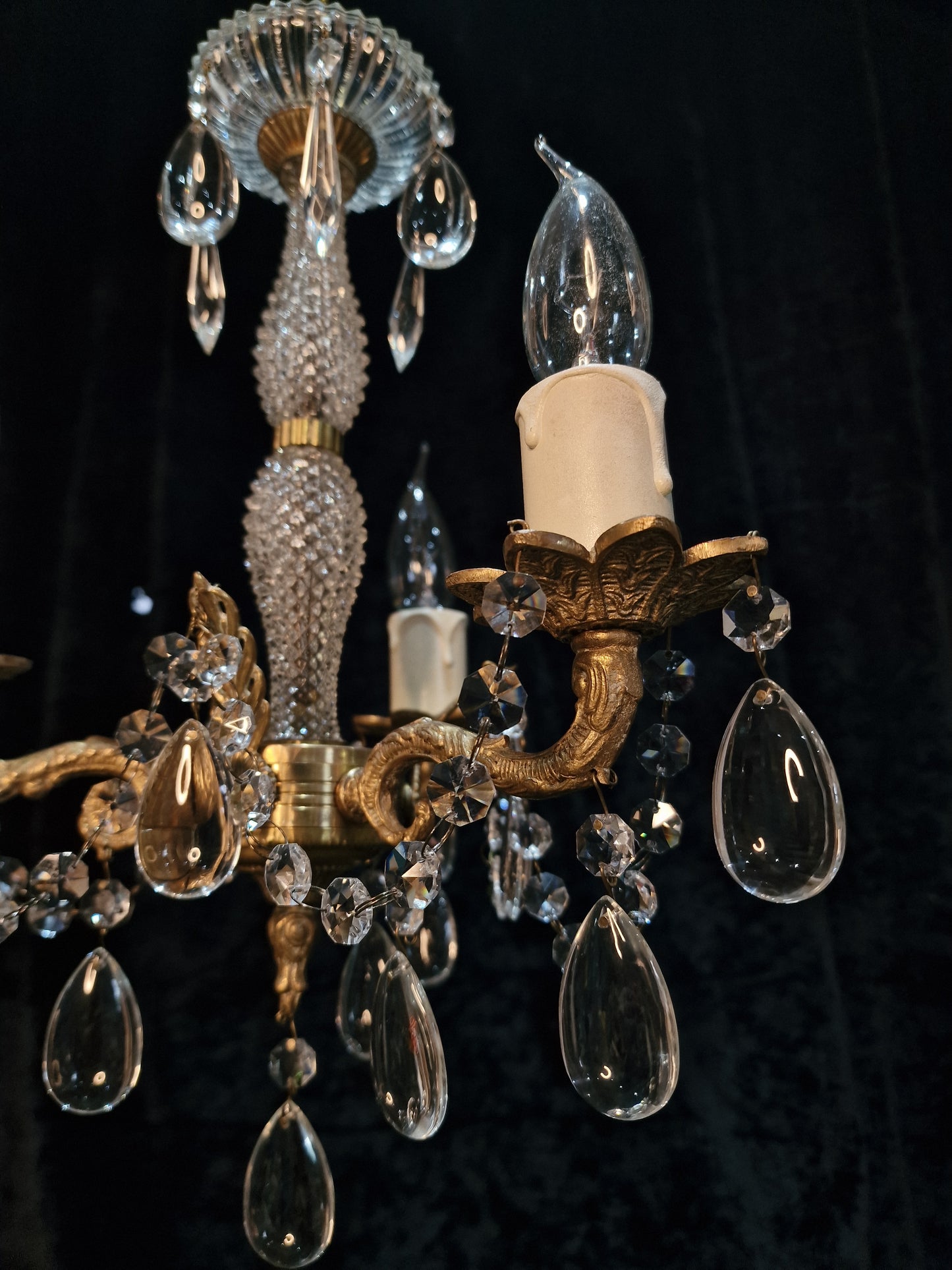 Elegant Vintage Italian 3 Arm Brass Crystal Chandelier Ceiling Light