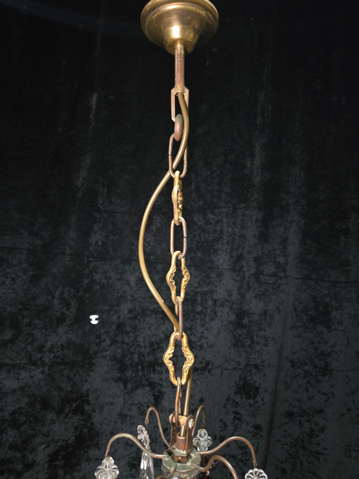 Exquisite Antique French 2 Arm Caged Murano Crystal Brass Chandelier Light