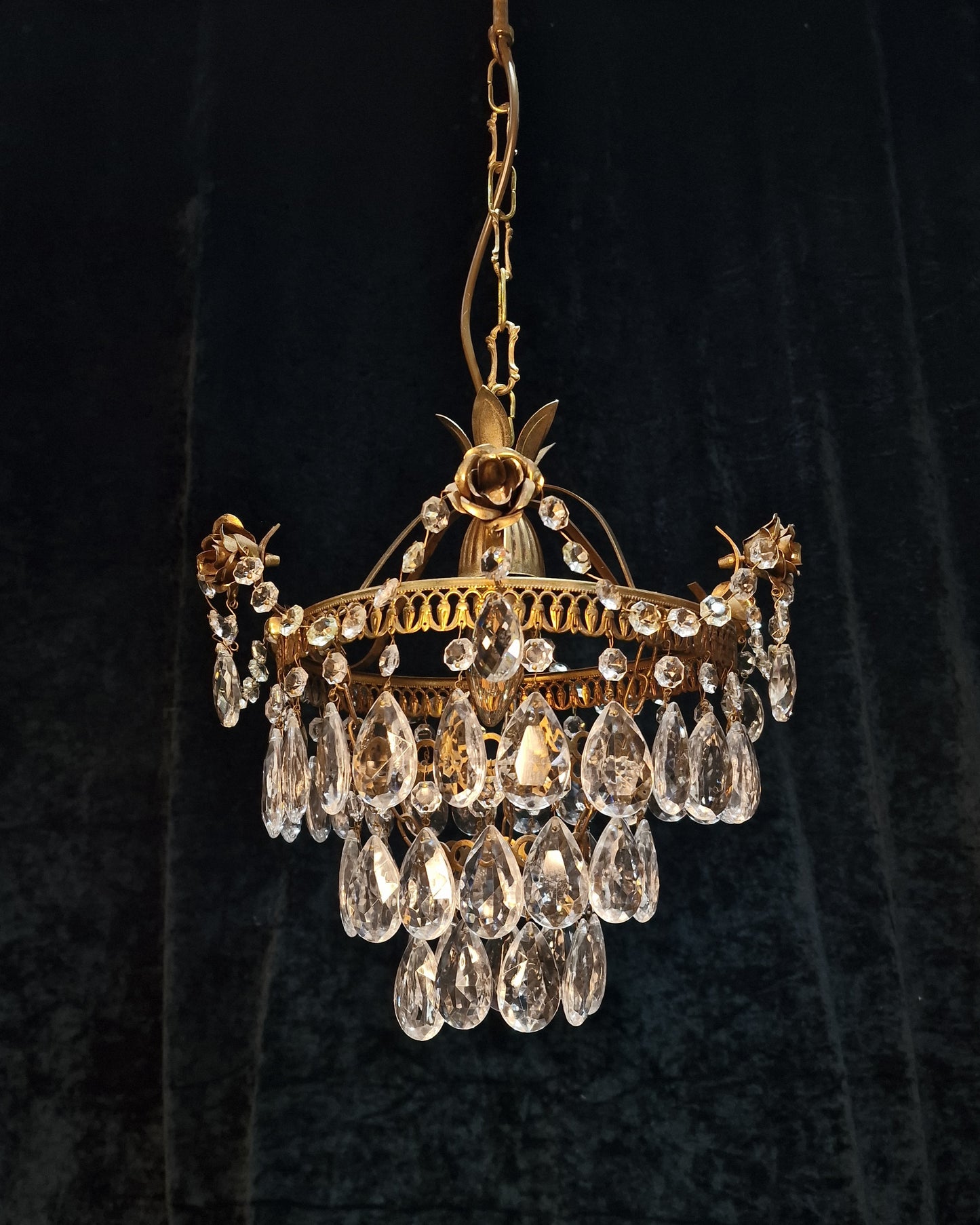 Lovely Vintage French Metal 1 Light Crystal Glass 3 Tier Waterfall Roses Chandelier