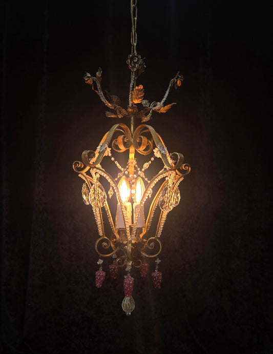 Fabulous Vintage Italian 3 Arm Caged Florentine Flower Crystal Chandelier Light