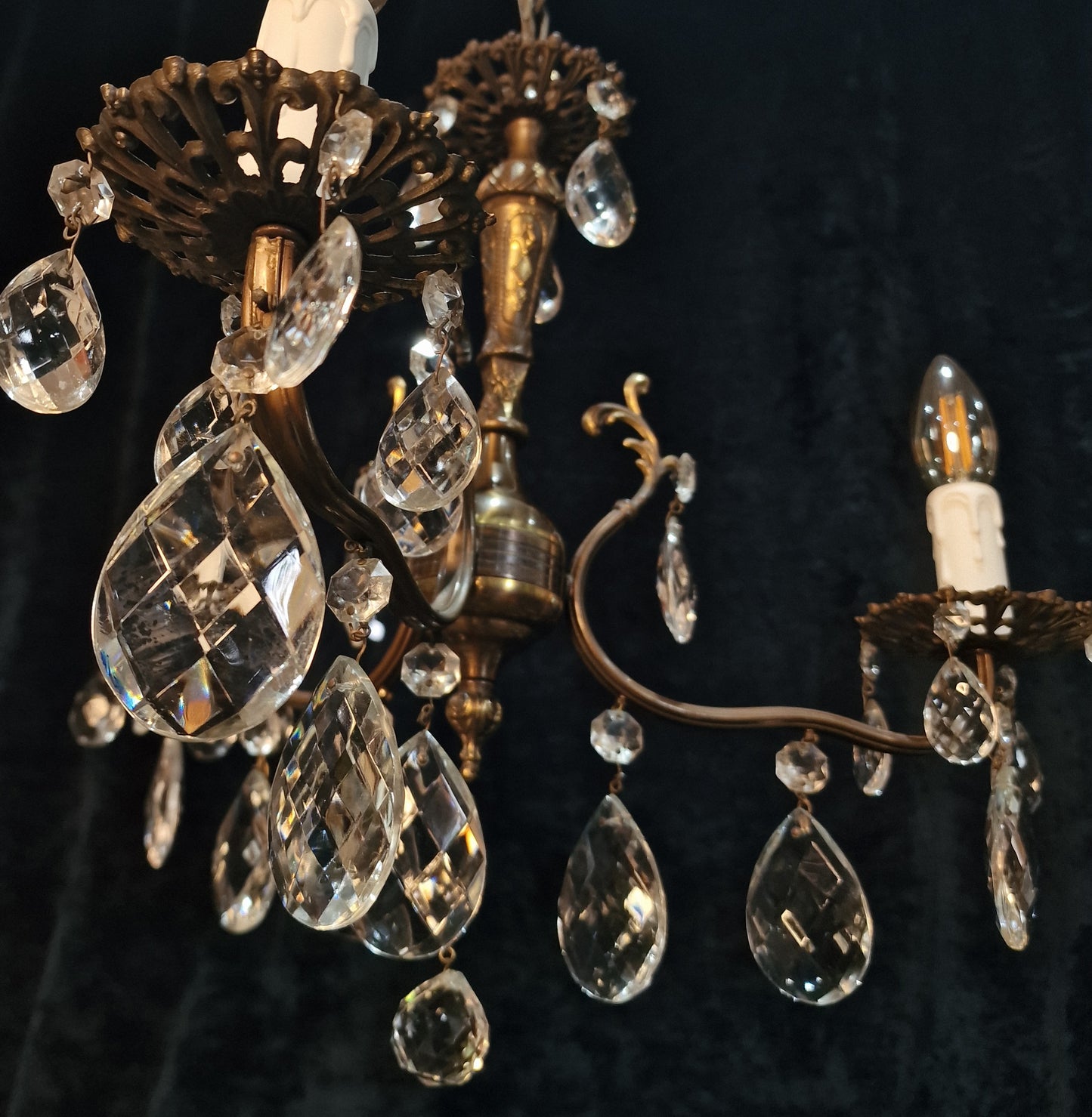 RESERVED Beautiful Vintage Italian 3 Arm Crystal Aged Brass Leaf Chandelier Ceiling Light