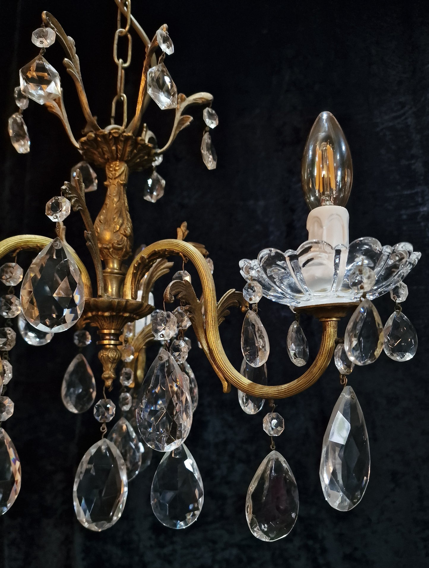 Beautiful Antique French 3 Arm Crystal Brass Leaf Chandelier Ceiling Light