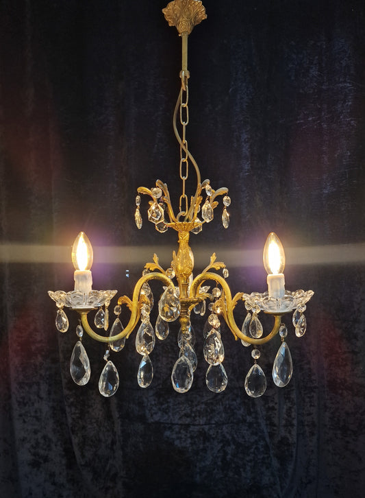 Beautiful Antique French 3 Arm Crystal Brass Leaf Chandelier Ceiling Light